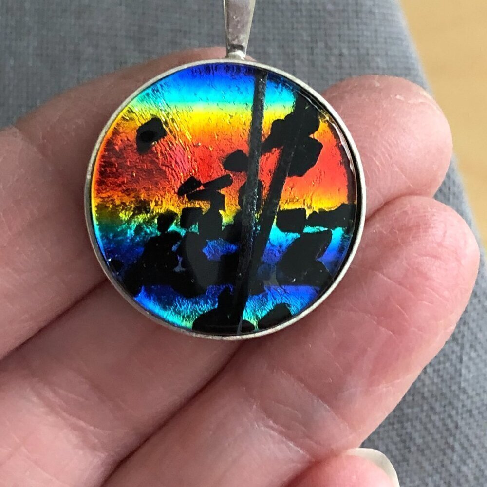 Vintage Kabana Sterling Silver Pendant Sunset Colors Inlaid Glass KBN 925 NEW
